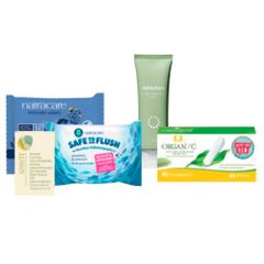 Perioden Urlaubs Set erbeerwoche - scheidenflorafreundliches Intimwaschgel - feuchtes Toilettenpapier -  Bio-Tampons